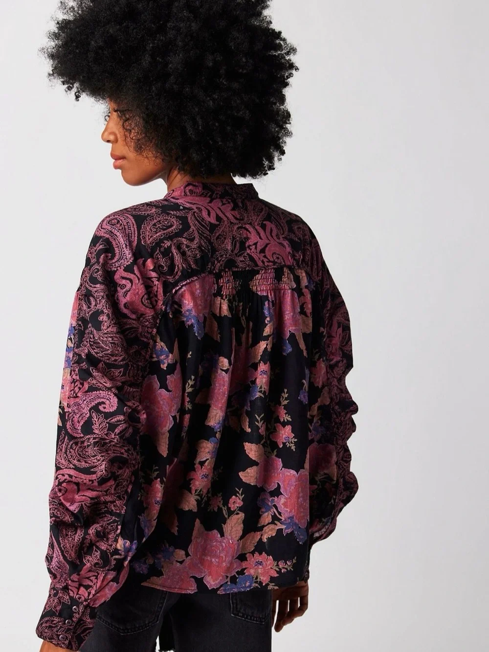 Free People Maraya Paisley Floral Blouse XL Black Multi Boho Balloon Sleeve Top